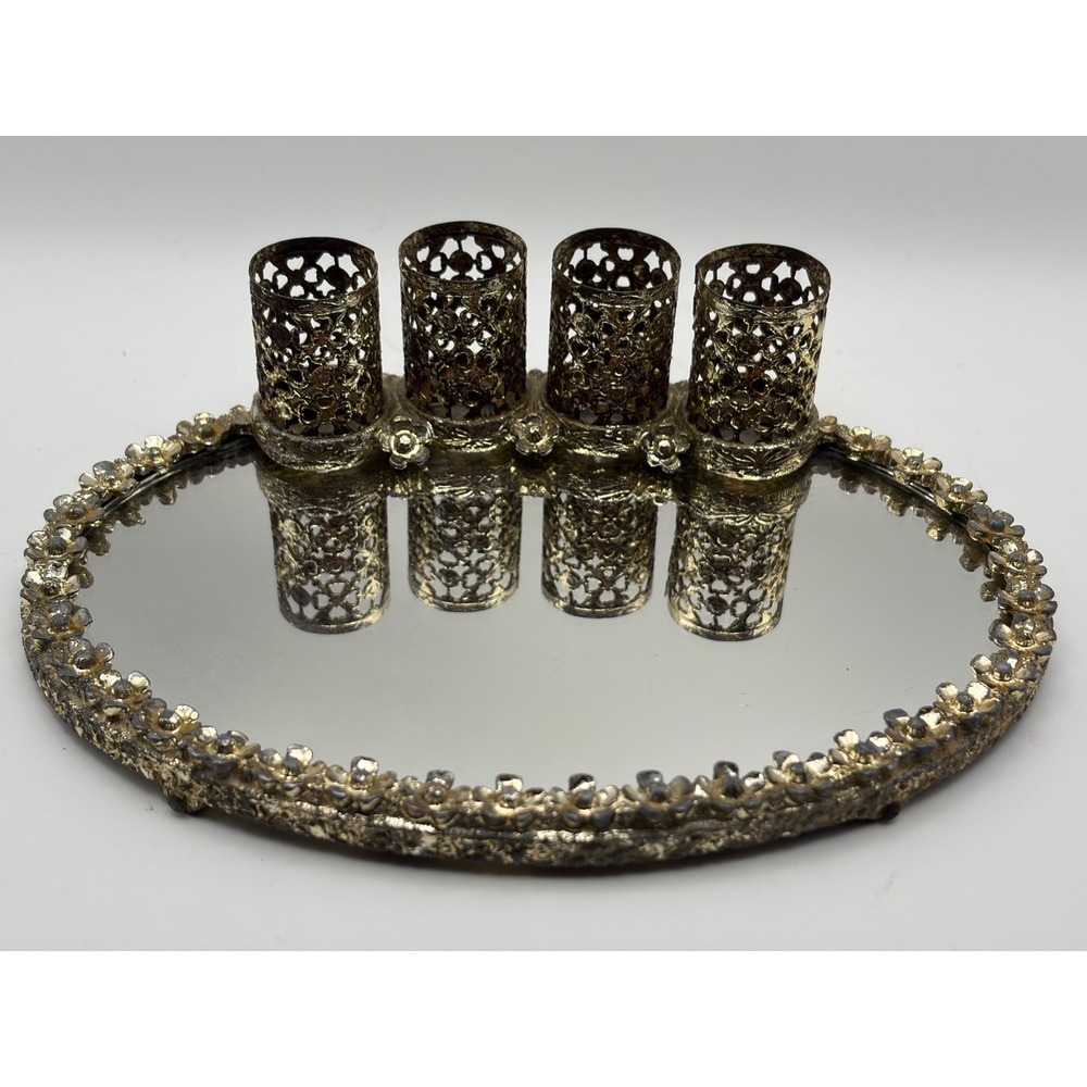 Vintage Gold Filigree Mirrored Vanity Tray Oval Lipstick Holder Organizer